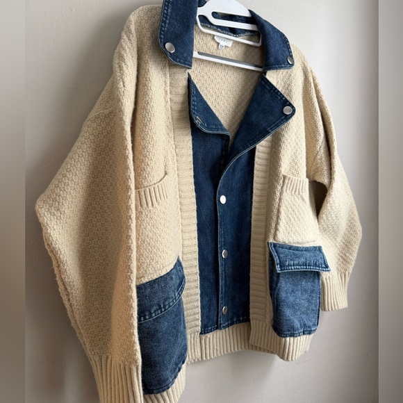 YURA Denim & Knit Mixed Media Oversized Cardigan Jacket Size S/M - Picture 3 of 9